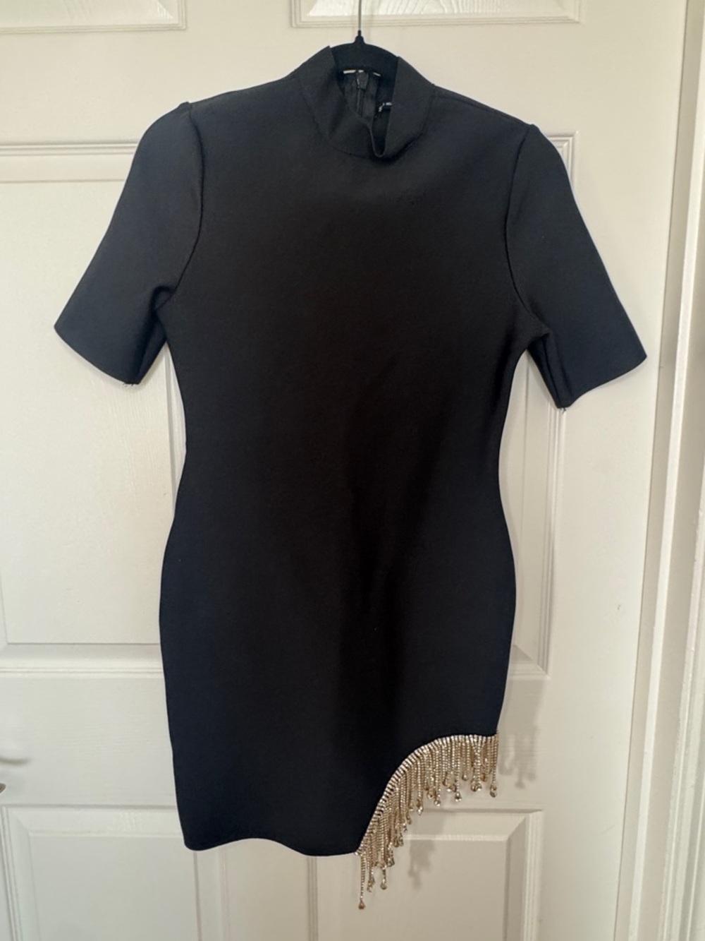Black Shift Dress with Gold Fringe Detail
